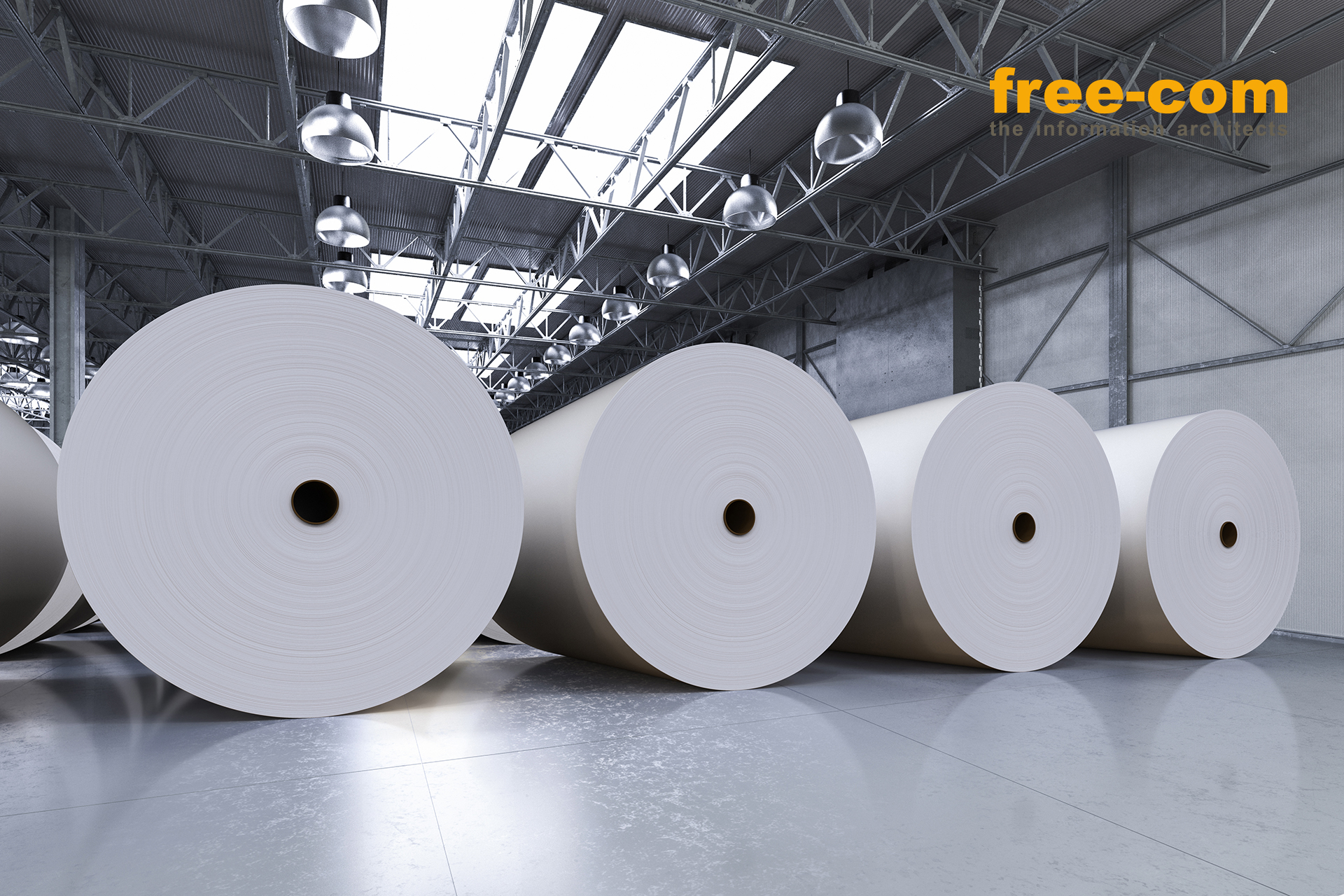 Große Papierrollen in einer Industriehalle, free-com-Logo „the information architects"
